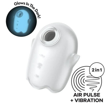 Glowing Ghost Clitoris Sucker Glows in the dark, featuring silicone vibrator with air pulse and vibration functionality; easy-to-find at night.