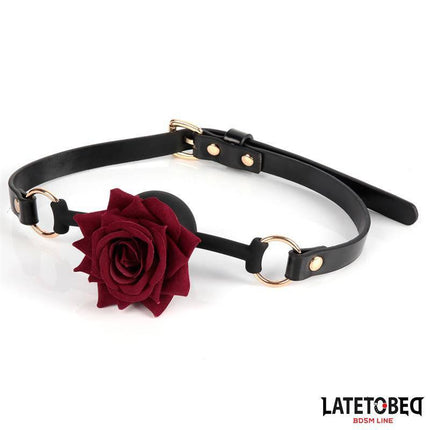 Gold Metal rose gag Ball with red rose design and adjustable black strap from Latetobed BDSM Line.