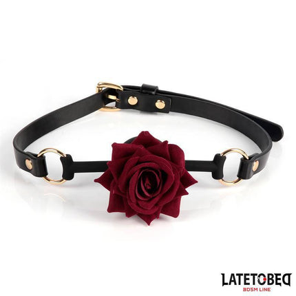 Gold Metal rose gag Ball with red rose motif and luxury BDSM design by Latetobed, featuring silicone and metal materials for power play.