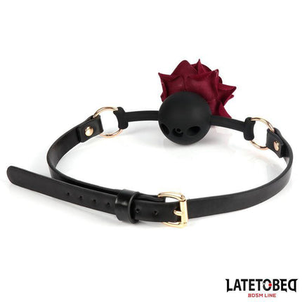Gold Metal rose gag Ball with rose motif, black leather strap, and adjustable buckle from Latetobed BDSM Line.