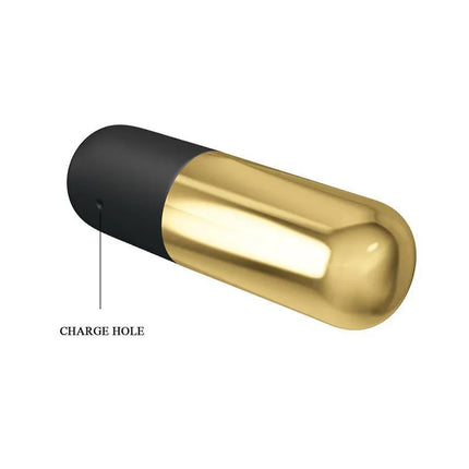 Gold Mini Massager with 12 Vibration Functions featuring a detailed view of its charge hole on the device.