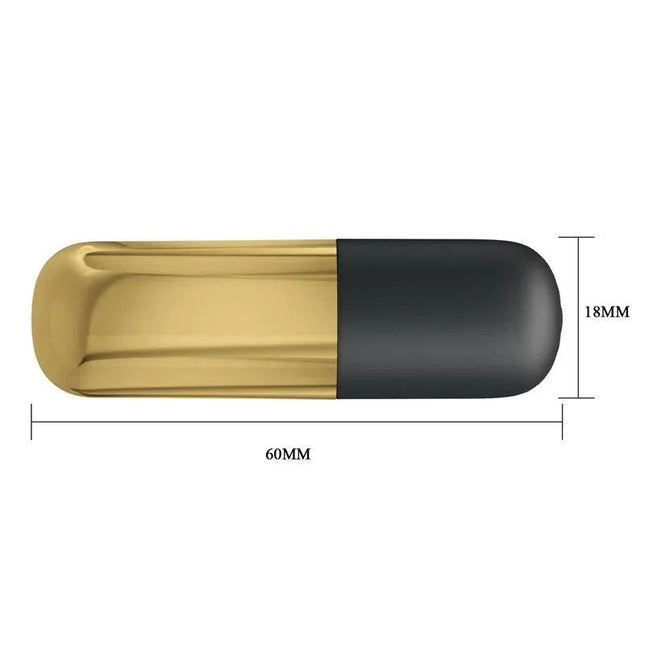 Gold Mini Massager with 12 Vibration Functions in luxurious gold finish, compact design for targeted stimulation and wellness, dimensions shown.