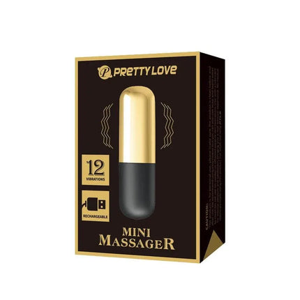 Gold Mini Massager with 12 Vibration Functions in packaging, highlighting features and USB rechargeability