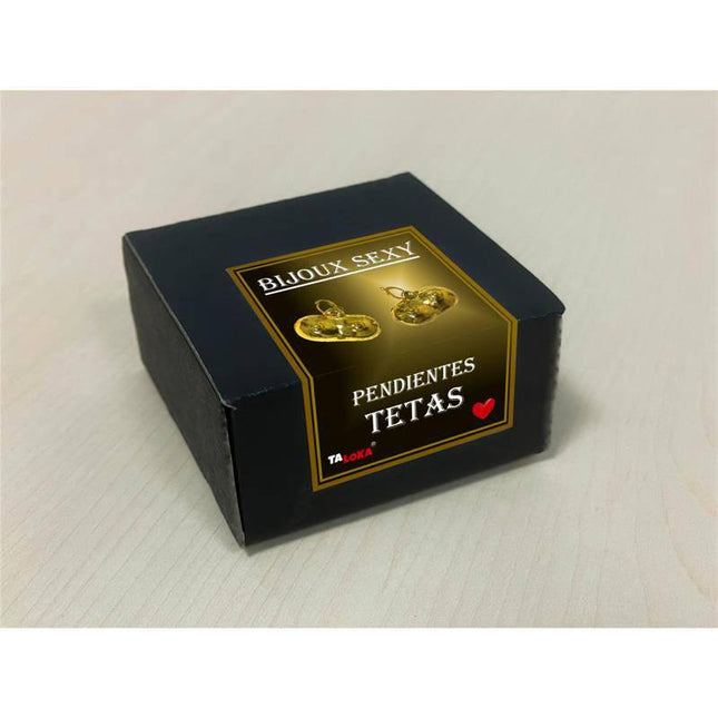 Golden Breast-Shaped Earrings in black box packaging with detailed label and gold-tone finish design.