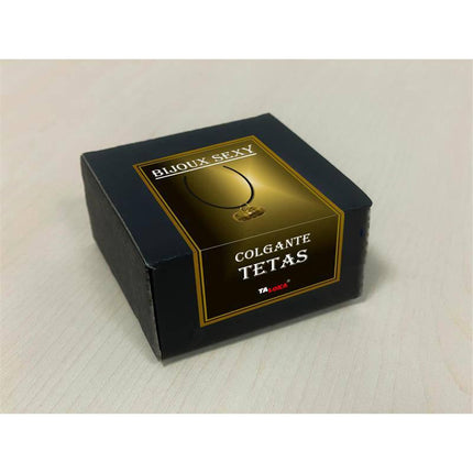 Golden breast-Shaped Necklace in a black box with gold and white text on the packaging.