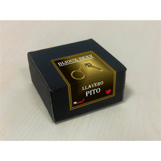 Golden keychain in the shape of a penis in black box packaging, adult novelty accessory.