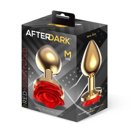 Golden Metal Anal Plug with Red Rose Base - Medium in retail packaging