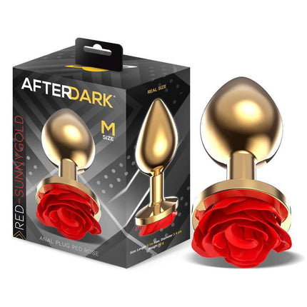 Golden Metal Anal Plug with Red Rose Base - Medium packaged with red rose design