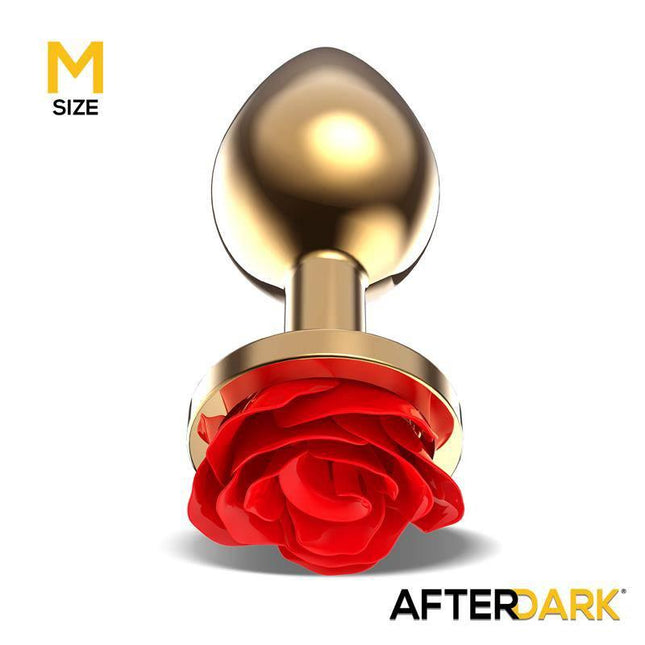 Golden Metal Anal Plug with Red Rose Base - Medium, featuring solid metal construction and elegant rose design for a luxurious experience.