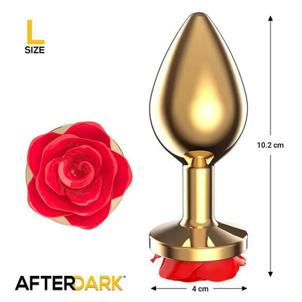 Golden Metal Anal Plug with Red Rose Base Size L - Premium gold-toned plug with a striking red rose base for stylish exploration.