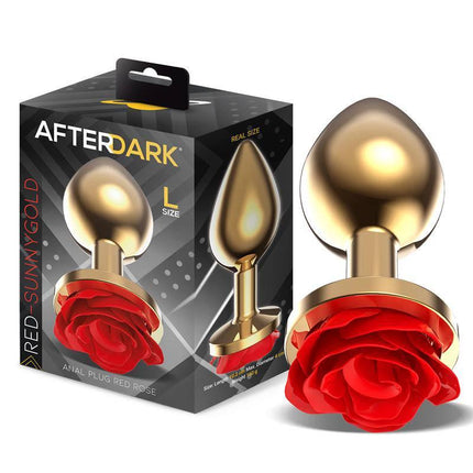 Golden Metal Anal Plug with Red Rose Base Size L by Afterdark, featuring a gold body and vibrant red rose design.