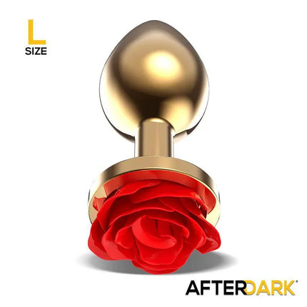 Golden Metal Anal Plug with Red Rose Base Size L by Afterdark, showcasing elegant design and premium materials for style and comfort.