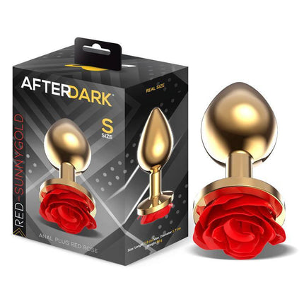 Golden Metal Anal Plug with Red Rose Base - Size S next to packaging