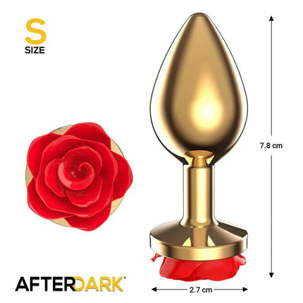 Golden Metal Anal Plug with Red Rose Base - Size S, featuring a gold shaft and decorative red rose-shaped jewel base, dimensions 7.8 cm x 2.7 cm.