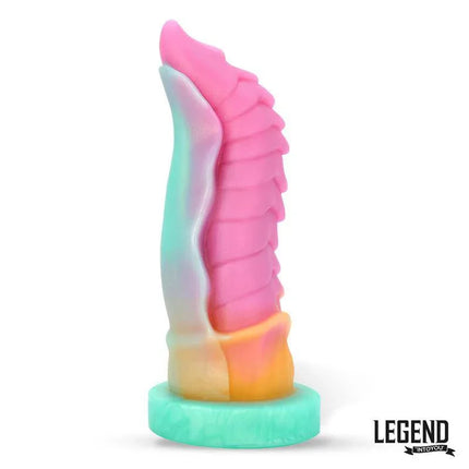 Gorgantua Liquid Silicone Dildo 22 cm with spiral design in vibrant gradient colors from Legend Dildos.