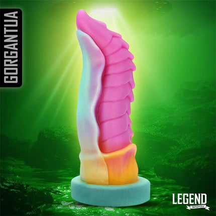 Gorgantua Liquid Silicone Dildo 22 cm with spiral design and vibrant gradient colors from Lengen Dildos.