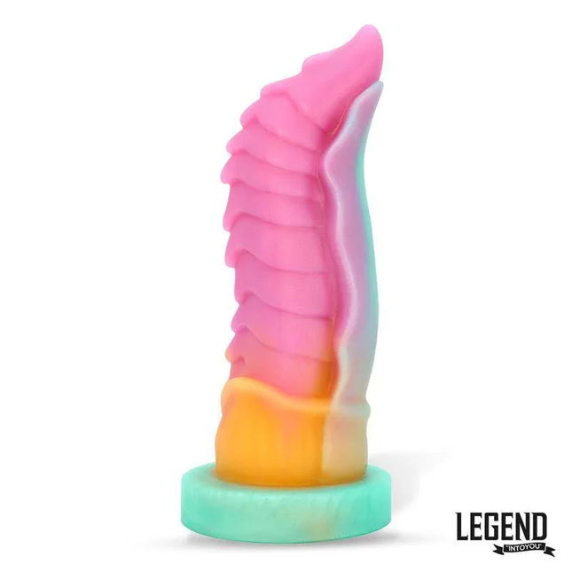 Gorgantua Liquid Silicone Dildo 22 cm with spiral design in vibrant gradient colors from Legend Dildos.