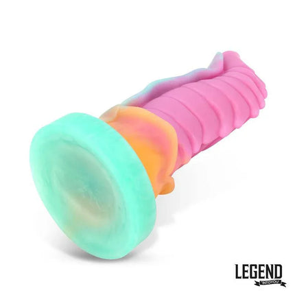 Gorgantua Liquid Silicone Dildo 22 cm with spiral design and gradient colors by Legend Dildos, 20 cm insertable length.