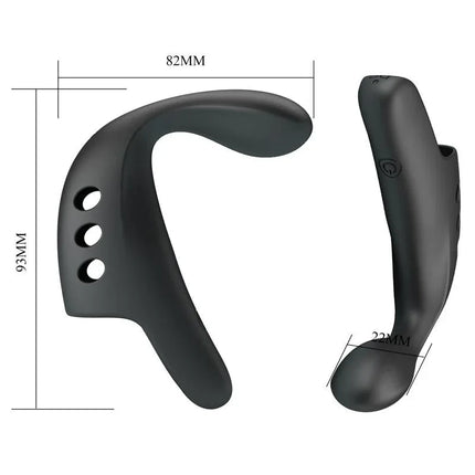 Gorgon Stimulator 10 vibration functions, black silicone design with ergonomic curves, detailed dimensions shown