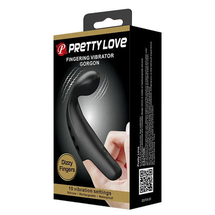 Gorgon Stimulator 10 vibration functions in packaging displaying features like silicone and waterproof design