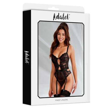 Packaging of Grace Teddy with Garter by Adalet, featuring floral, semi-sheer bodysuit with front cut-out and open back for feminine elegance.