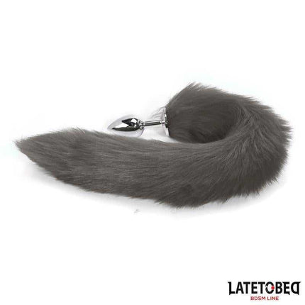 Gray 40 cm Anal Plug with Silky Tail from Latetobed BDSM Line shown with durable metal plug and long gray tail.