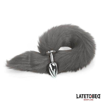 Gray 40 cm Anal Plug with Silky Tail from Latetobed BDSM Line, featuring durable metal design and long, luxurious tail for intimate play.