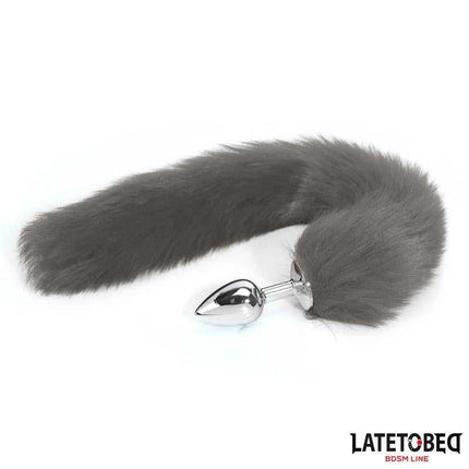 Gray 40 cm Anal Plug with Silky Tail by Latetobed BDSM Line, featuring a metal plug and fluffy tail for intimate play.