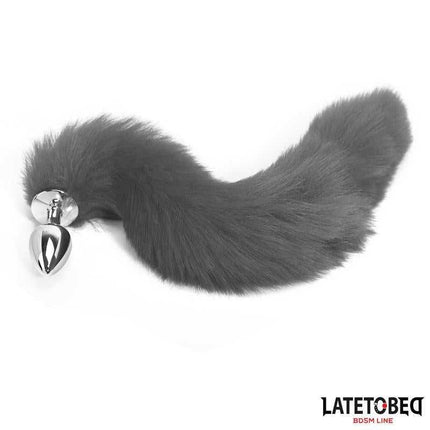 Gray 40 cm Anal Plug with Silky Tail from Latetobed BDSM Line, featuring a metal plug and plush tail for adventurous intimate play.
