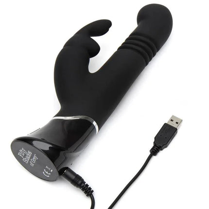 Greedy Girl Rechargeable Thrusting G-Spot Rabbit V with USB charger, designed for dual stimulation and enhanced pleasure.
