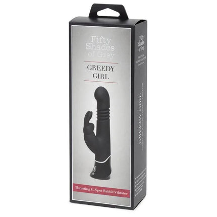 Greedy Girl Rechargeable Thrusting G-Spot Rabbit V in packaging, luxury rabbit vibrator for G-spot pleasure and external stimulation.