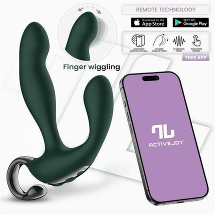 Greeny Prostate Massager with Finger Wiggling and App featuring ergonomic design and ActiveJoy app control with remote technology.