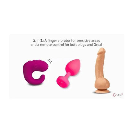 Gring XL Sweet Raspberry finger vibrator and remote control set for enhanced pleasure with vibrant colors and powerful motor.