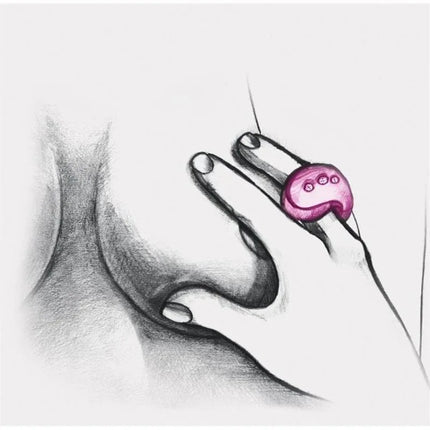 Illustration of hand wearing Gring XL Sweet Raspberry, vibrador anillo para estimulación y control remoto de juguetes Gvibe.