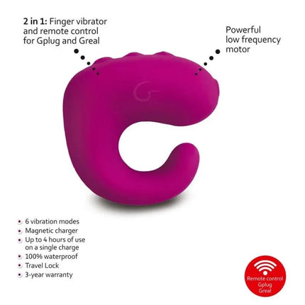 Gring XL Sweet Raspberry finger vibrator with remote control and ergonomic design, featuring 6 powerful vibration modes.