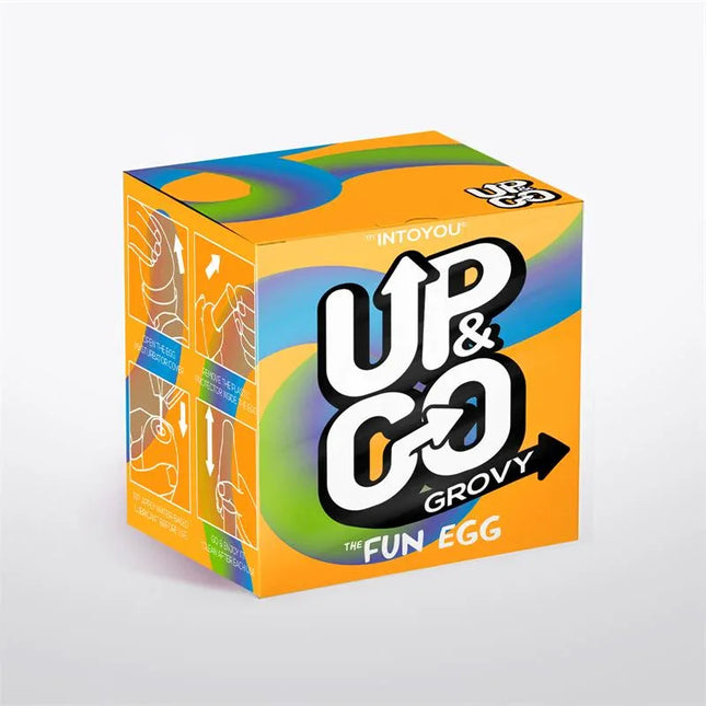 Grovy Masturbator Egg Elastic Yellow packaging, featuring vibrant design and instructions for use.