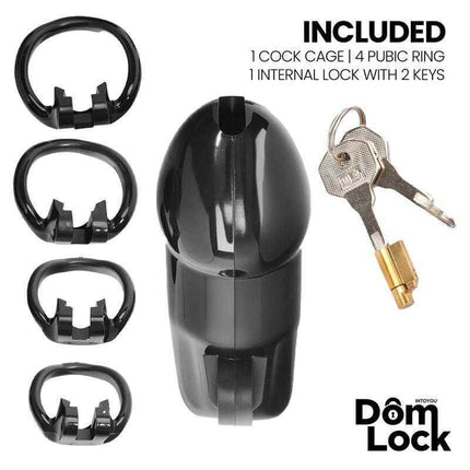 Guard Chastity Cage with Internal Lock by Domlock, complete with cock cage, pubic rings, and internal lock with keys
