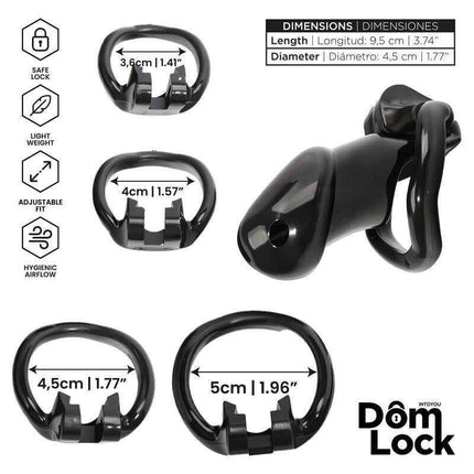 Guard Chastity Cage with Internal Lock, shown with dimensions and Domlock branding for secure and adjustable fit.