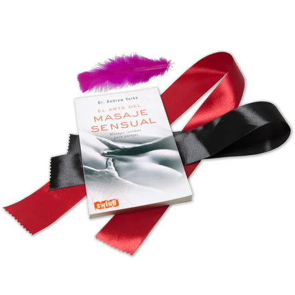 Guide with Games The Art of Sensual Massage book with red and black ribbons and a pink feather