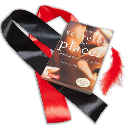 Guide with Games The Secrets of Pleasure book with ribbons and feather for sensual exploration.