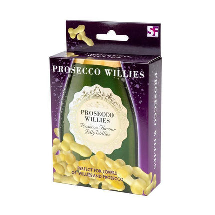 Gummy Willies Prosecco Flavor candy box, penis-shaped prosecco gummies for playful gifts and snacks.