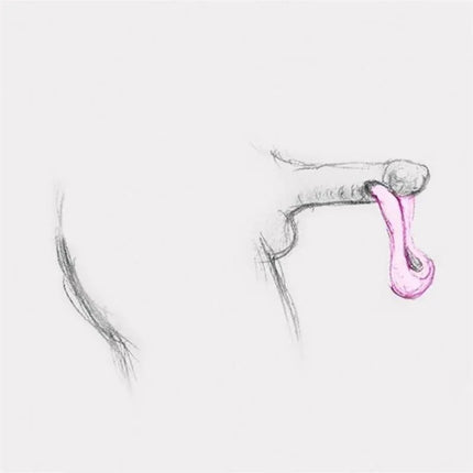 Artistic sketch of a hand gesture with pink sculpture detail.