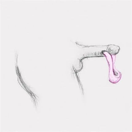 Artistic drawing of a hand holding a pink object, possibly a flexible product, on a minimalistic white background.