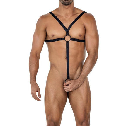 H4RNESS04-C Ring Crossed Harness Black One Size on male model, front view