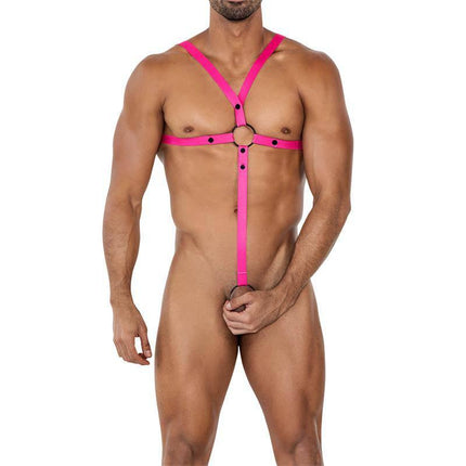 Man wearing H4RNESS04-C Ring Crossed Harness HotPink One Size with modern edgy design and delicate straps.