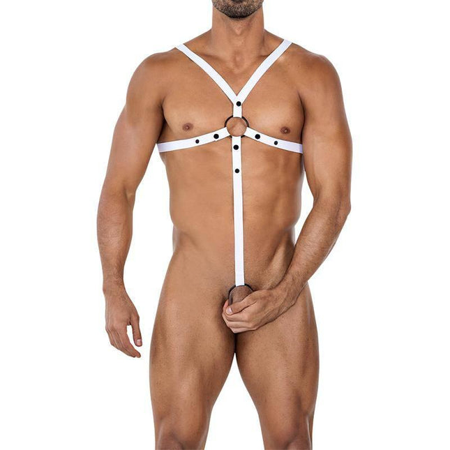 Man wearing the H4RNESS04 C-Ring Crossed Harness White One Size, showcasing a modern silhouette with adjustable flexible straps.