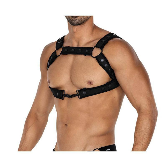 H4RNESS05 Chest Harness Neon Black One Size by CUT4MEN featuring adjustable neoprene straps and removable suspenders for versatile styling.
