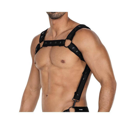 H4RNESS05 Chest Harness Neon Black One Size on model showing adjustable neoprene straps and versatile design.