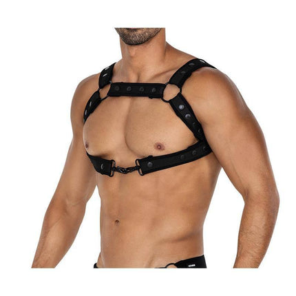 Model wearing H4RNESS05 Chest Harness Neon Black One Size with adjustable straps and removable suspenders for versatile styling.