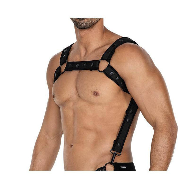 Model wearing H4RNESS05 Chest Harness Neon Black One Size with adjustable neoprene straps and removable suspenders by CUT4MEN.